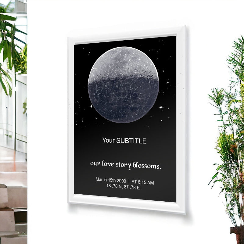 Personalised moon star map India — real constellation star map with lunar overlay on black background, white border frame, personalised date and location — Karwa Chauth gift for wife.
