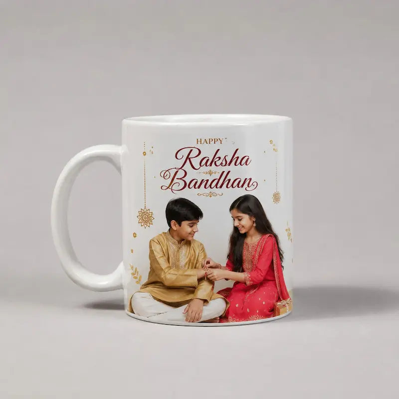 Personalised rakhi mug with brother sister photo — custom Raksha Bandhan mug gift India, 350 ml ceramic glossy finish