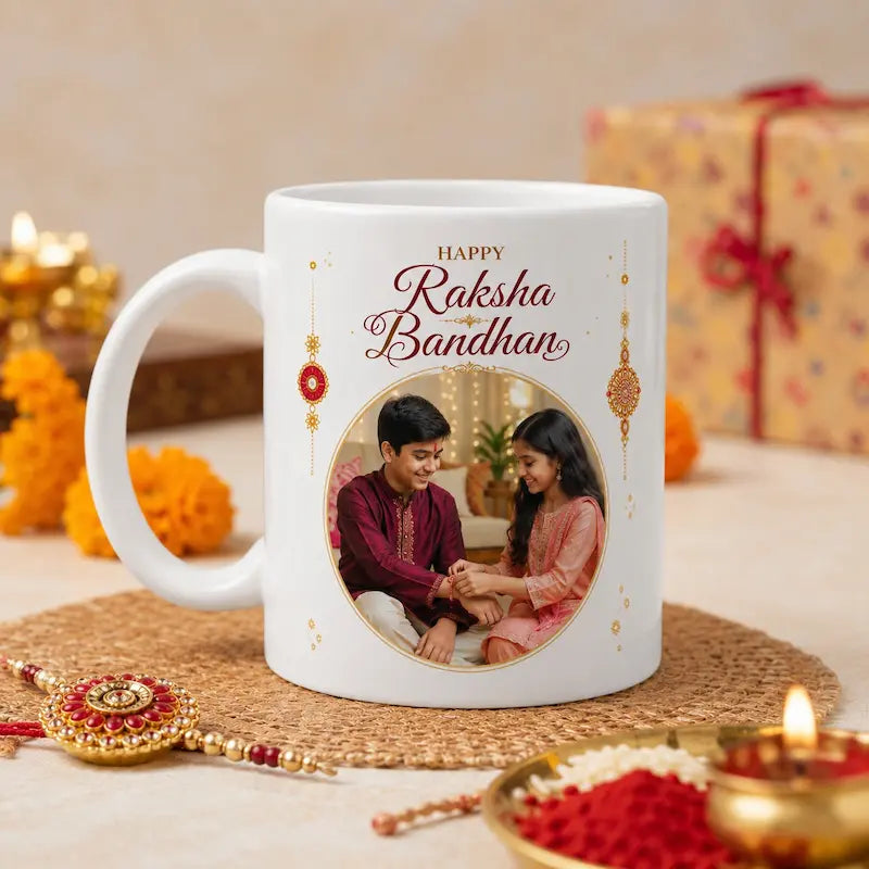 Personalised Raksha Bandhan mug with sibling photo — Happy Raksha Bandhan printed rakhi mug gift for brother and sister India