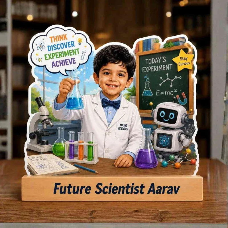Child in a science-themed display with a robot and educational items, labeled 'Future Scientist Aarav'.