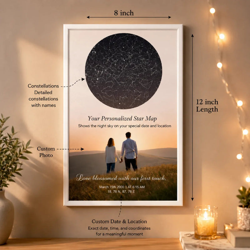Personalized Star Map Frame with Custom Photo and Date Details Hanging on Cozy Beige Wall.