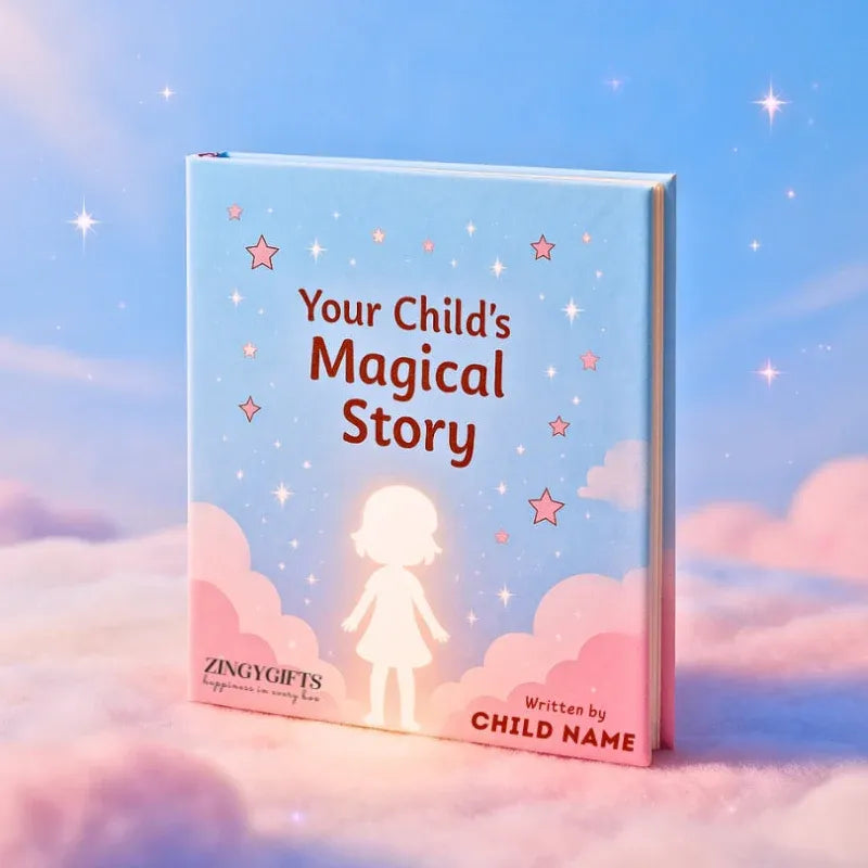 Personalised Story Book for Kids With Name Book titled 'Your Child's Magical Story' with a child silhouette on a cloud background