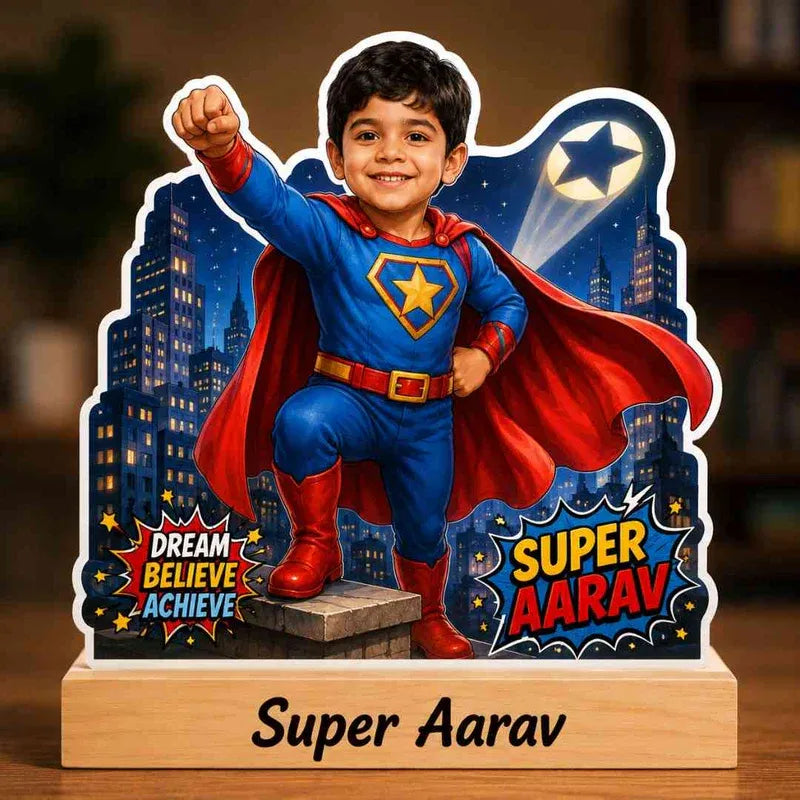 Personalized superhero-themed decorative sign with a child in a superhero costume against a cityscape background.