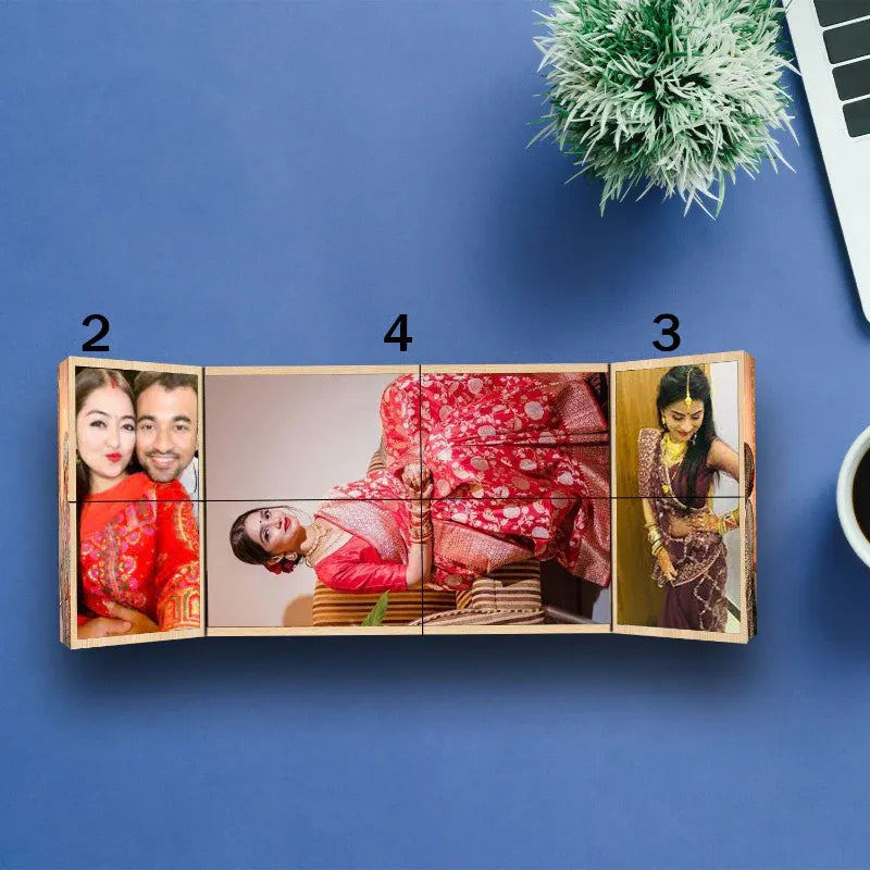 Wooden photo cube with four images on a blue background