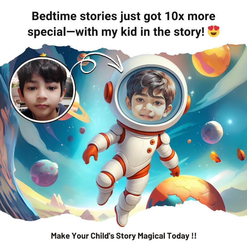 Illustration of a child in an astronaut suit with space-themed background and text about bedtime stories.
