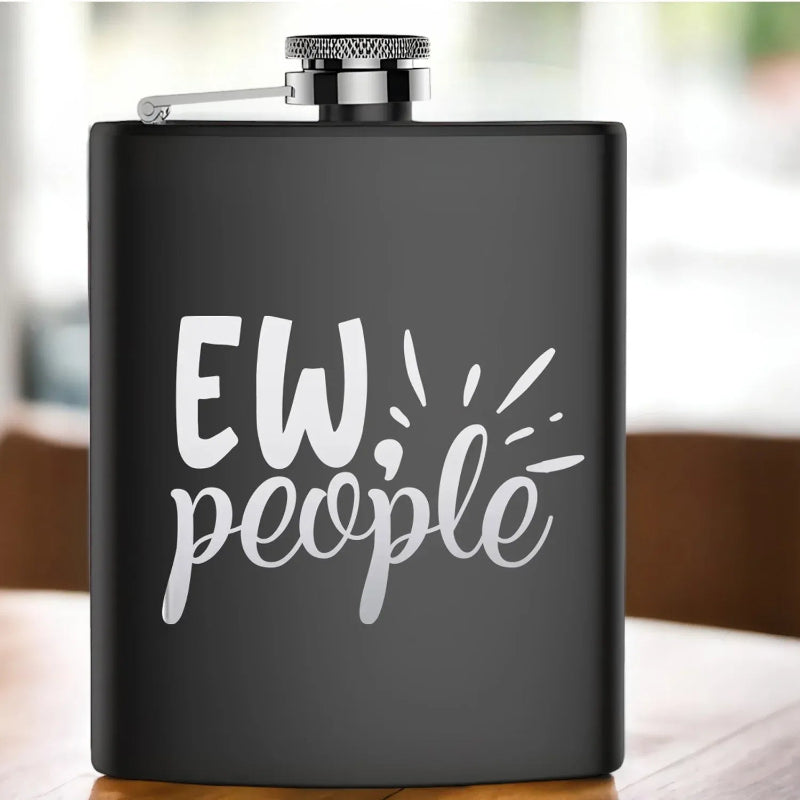 Black flask with 'EW! people' text on a blurred background