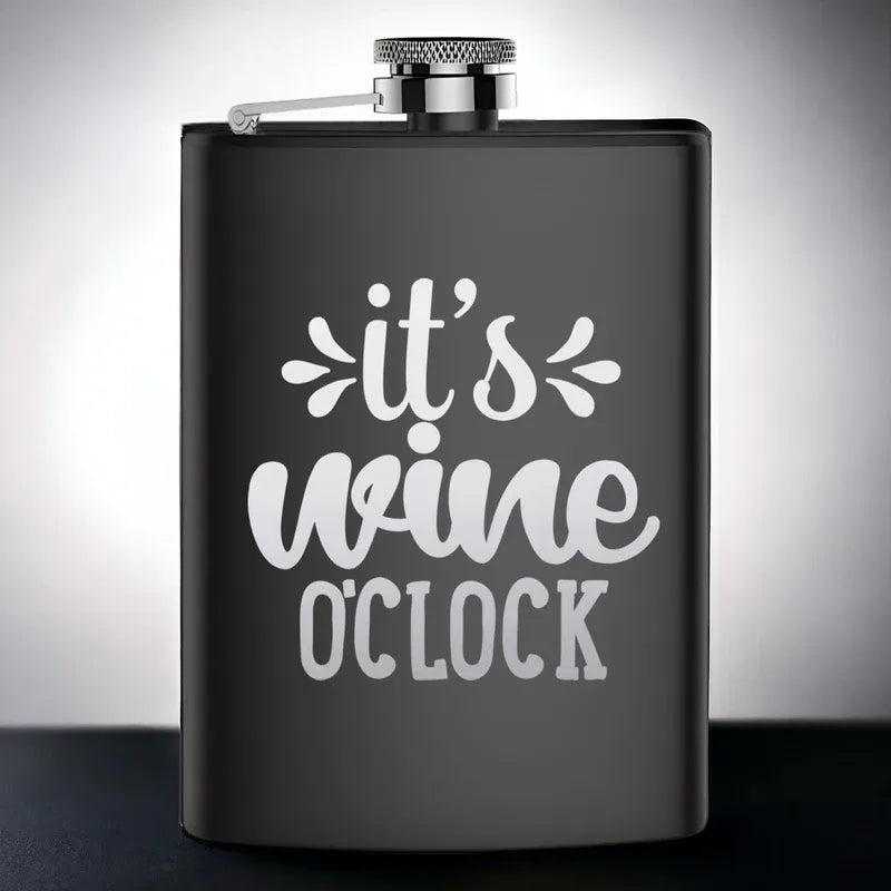 Black flask with 'it's wine o'clock' text on a gray background