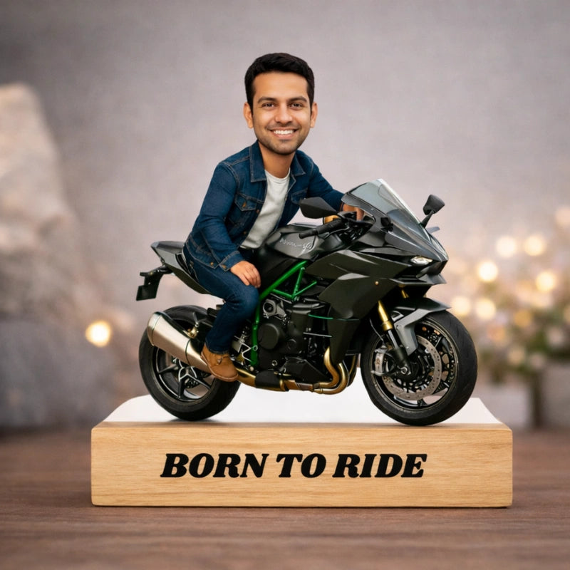 Personalized Born To Ride bike rider caricature made from MDF with wooden base and custom text – unique biker gift