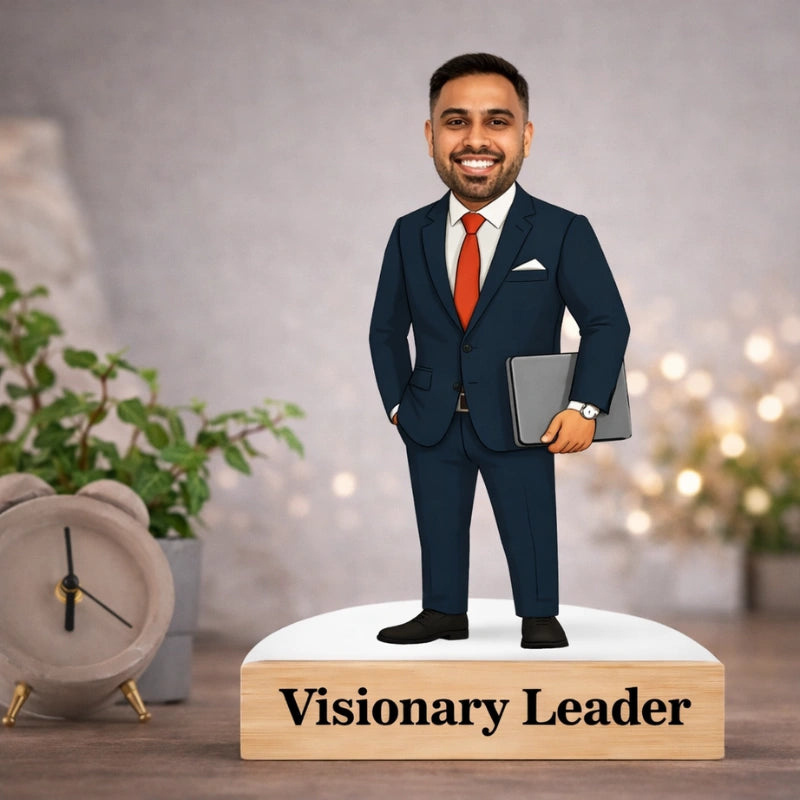 Personalized boss caricature made from MDF with wooden base and custom text – premium corporate gift for boss