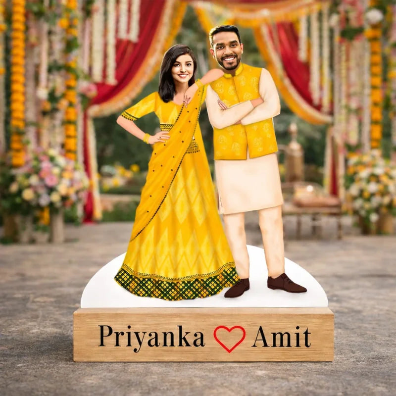Personalized couple caricature MDF standee with wooden base and custom engraved name text
