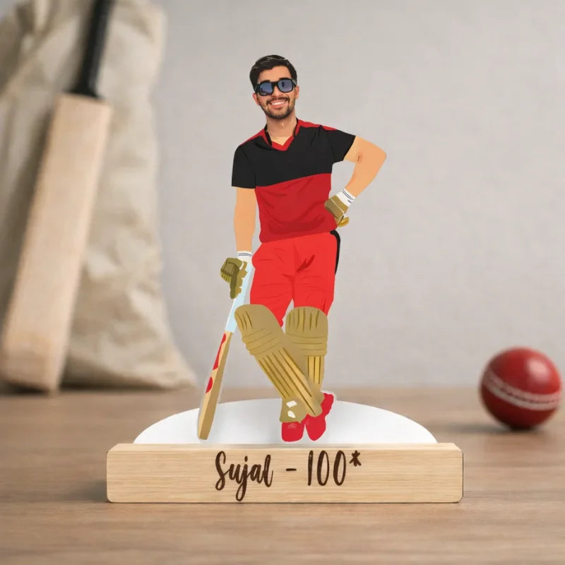 Personalized cricket caricature MDF standee with wooden base and custom name text for gifting
