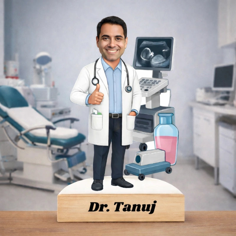 Personalized doctor caricature made from MDF with wooden base and custom text – unique medical professional gift