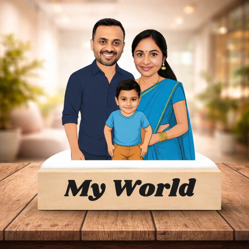 family caricature created from MDF with a solid wooden stand and custom message, featuring an Indian family illustration.