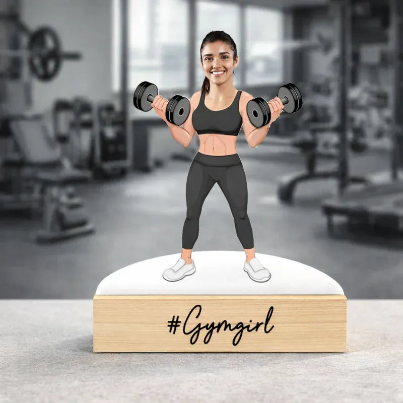 Personalized gym girl caricature gift made from MDF with wooden base and custom text, perfect fitness gift for women in India