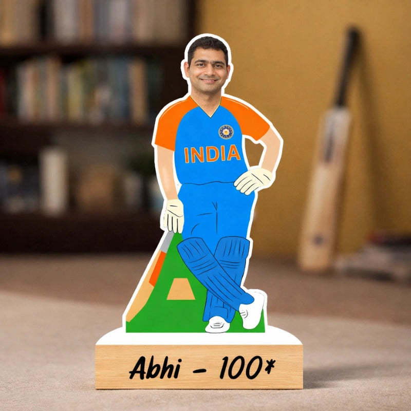 Personalized male cricketer caricature made of MDF with wooden base and custom text, perfect gift for cricket lovers