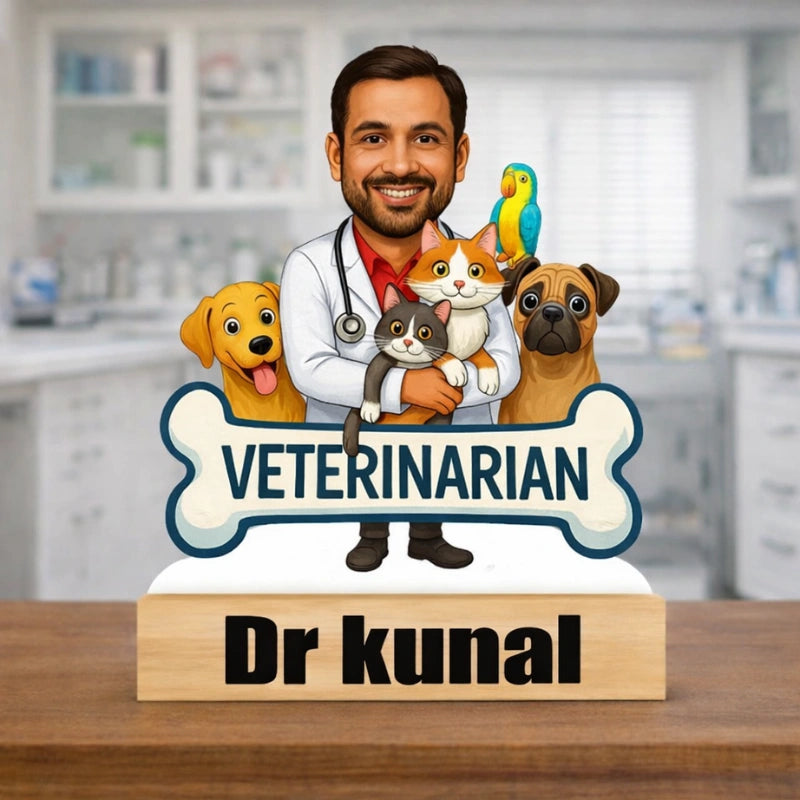 Personalized male veterinarian caricature made from MDF with wooden base and custom name text – premium gift for vet doctors
