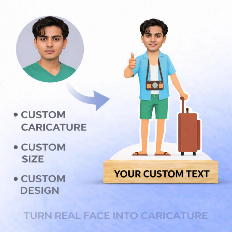 Personalized photographer caricature with camera on tripod, MDF cutout figurine with wooden base and custom text for gifting.