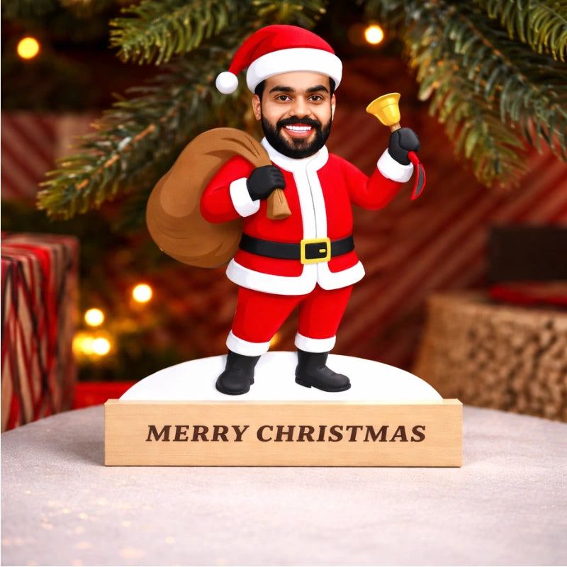 Personalized Santa Claus caricature figurine made of MDF with wooden base and custom text, ideal Christmas gift