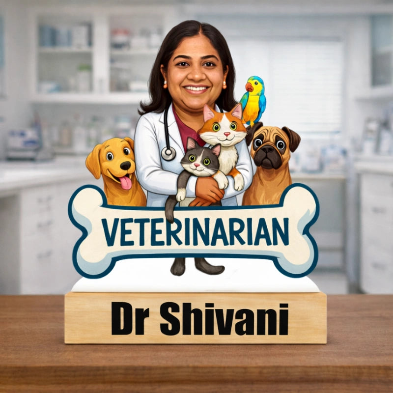 Personalized veterinarian caricature made from MDF with wooden base and custom text – unique gift for vet doctor