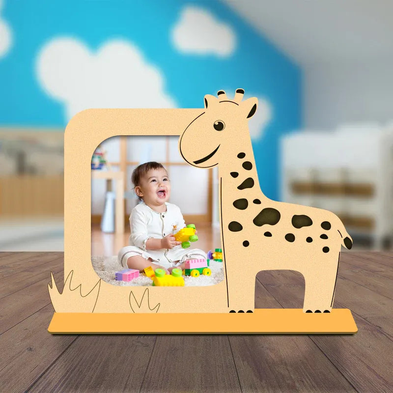 Wooden giraffe-shaped photo frame with a child playing on a wooden floor.