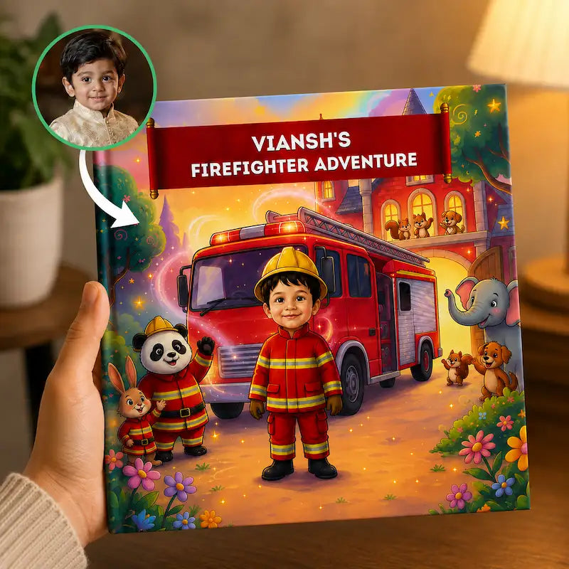A hand holds a colorful children's book titled 'Viansh's Firefighter Adventure' in a warm indoor setting. The cover shows a young boy firefighter standing in front of a red fire truck, with cartoon animals and a rainbow in a floral foreground.