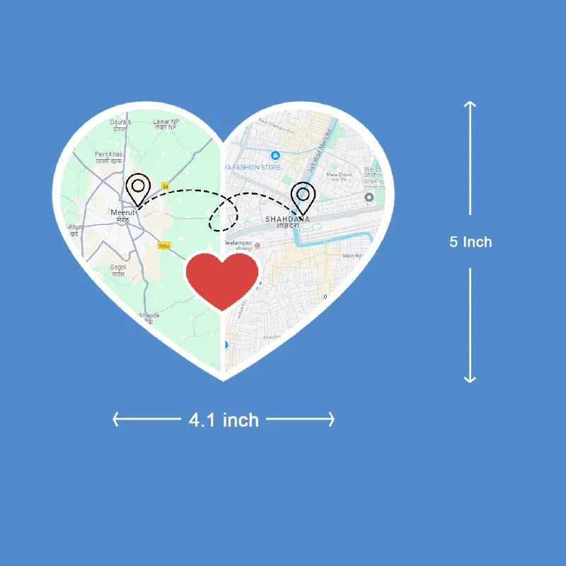 Heart-shaped map with a red heart in the center on a blue background, showing distances.
