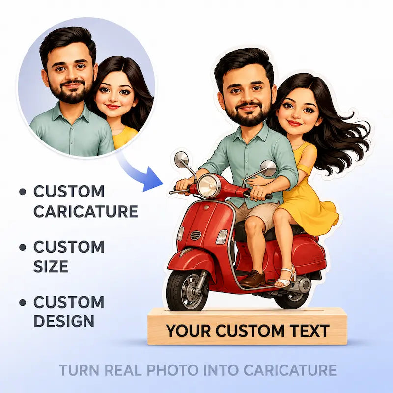 Custom cartoon caricature portrait service showing a sample illustrated couple on a red scooter with text reading 'Custom Caricature', 'Custom Size', 'Custom Design', and 'Turn Real Photo Into Caricature'.