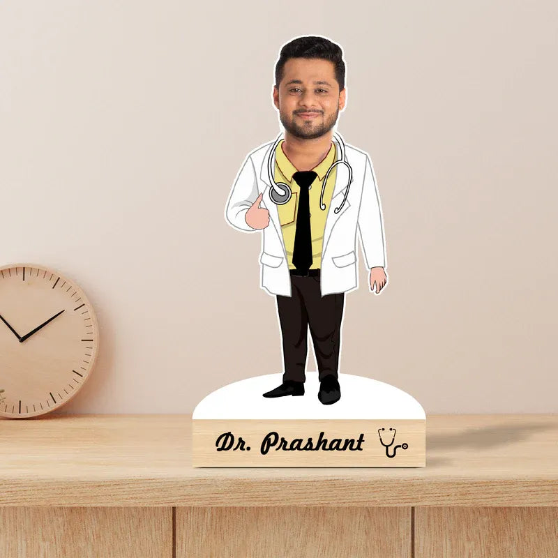 Customized doctor figurine with a nameplate on a wooden surface