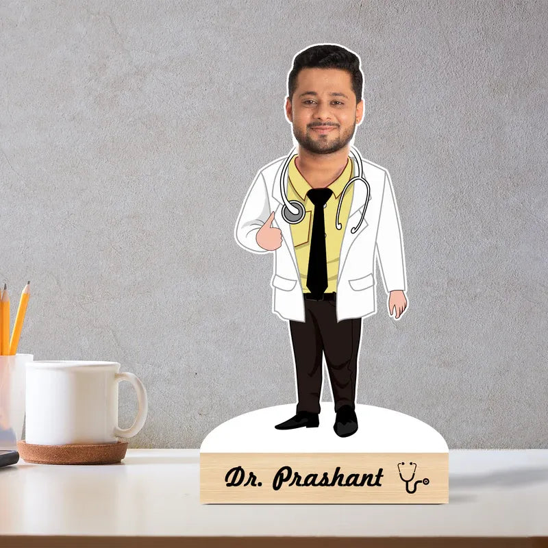 Cardboard cutout of a doctor with a nameplate on a desk