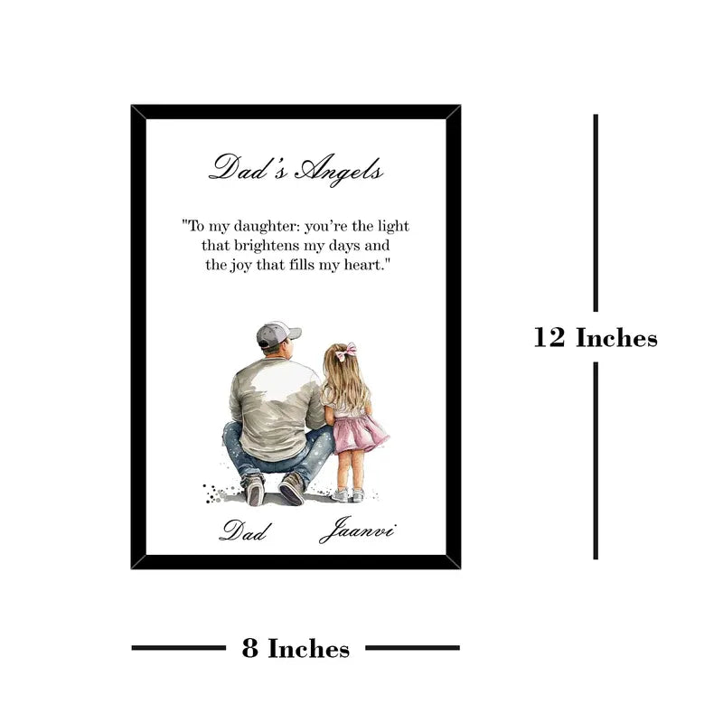 Framed artwork with a father and daughter illustration and text, dimensions 12x3 inches.