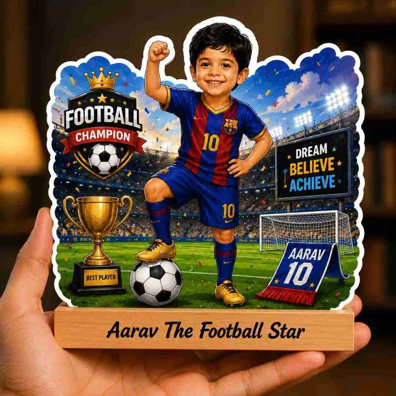 Personalized football-themed plaque with a child in a soccer uniform, trophy, and goal.