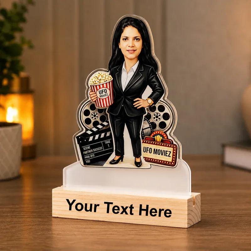 Personalized movie-themed figurine with customizable text on a wooden base.
