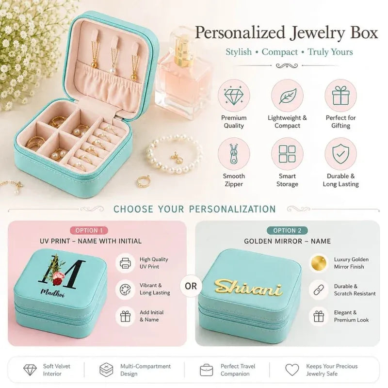 A promotional product graphic for a personalized jewelry box. The main subject is a mint blue velvet jewelry box shown open, with pink interior compartments and gold-tone rings and earrings inside.