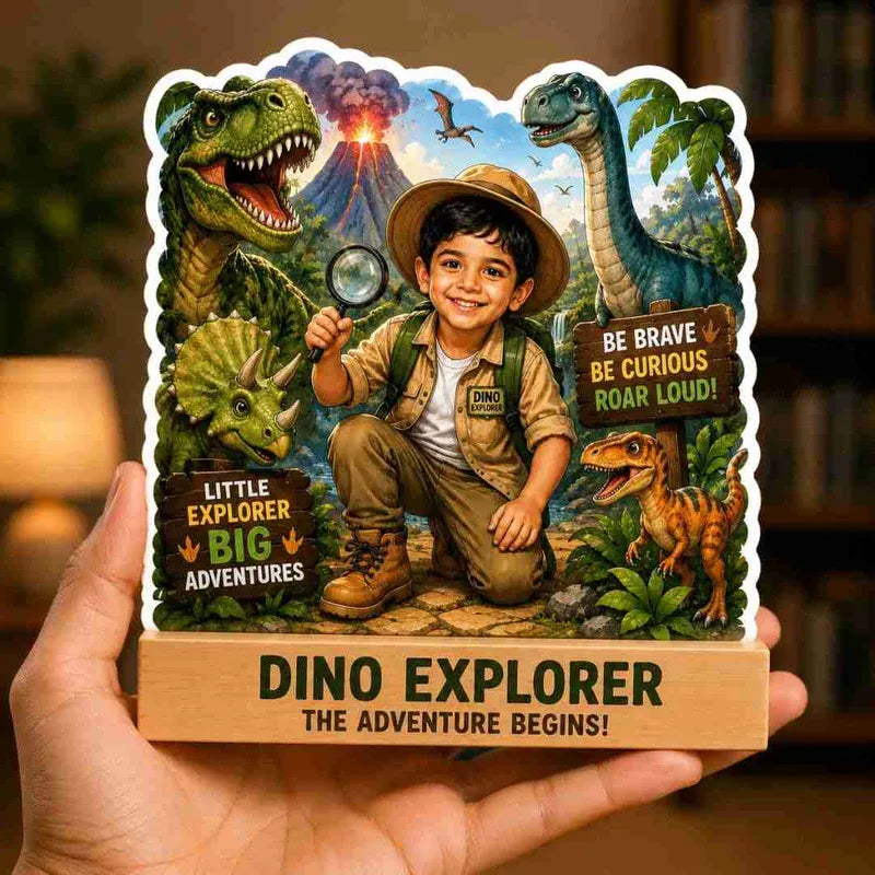 Decorative plaque with a child and dinosaurs, featuring motivational phrases.