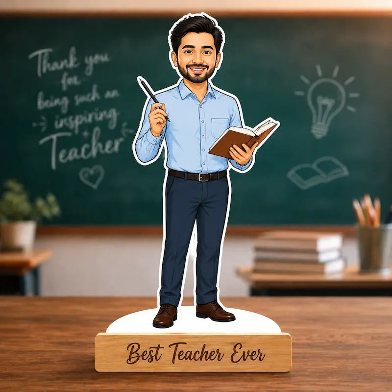 A die-cut vinyl sticker of a smiling male teacher holding a pen and book, mounted on a white circular base with a personalized wooden plaque that reads 'Best Teacher Ever'. The background shows a blurred classroom setting with a chalkboard.