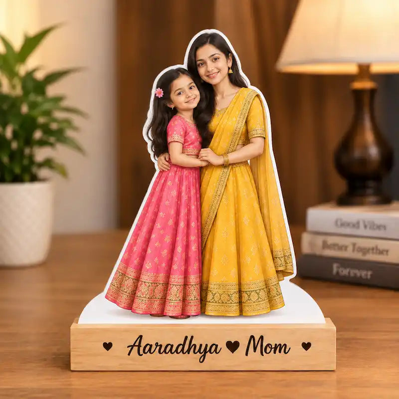 Wooden caricature gift displayed on table - personalized mom daughter caricature standee with engraved names