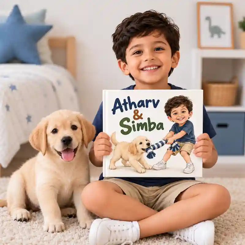 A smiling young boy sits cross-legged on a carpeted floor, holding a personalized pet story book for kidstitled 'Atharv & Simba'. A golden retriever puppy is sitting happily next to him in a bright, modern bedroom setting.