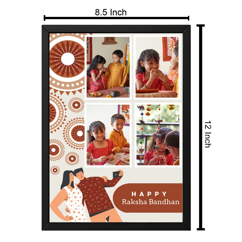 A framed personalized photo collage print shown on a white background with dimension labels reading 8.5 Inch at the top and 12 Inch at the right.