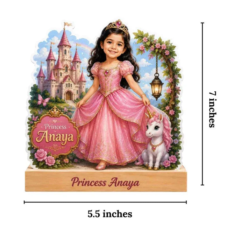 Princess figurine with unicorn and castle background, labeled 'Princess Anaya' with dimensions.