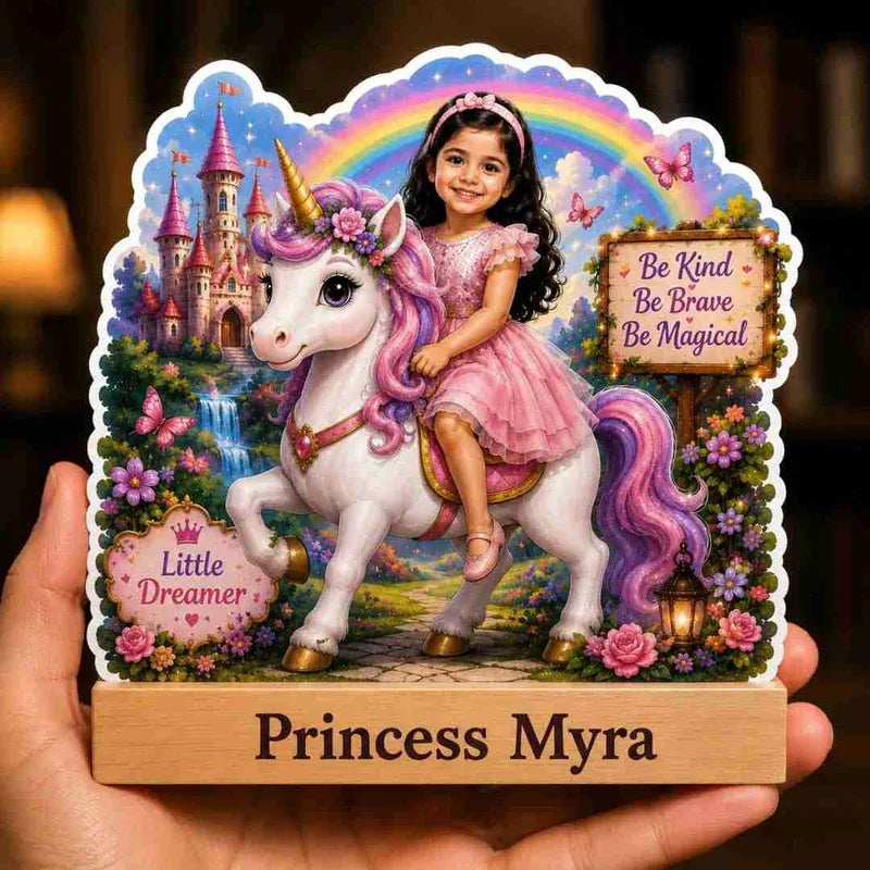 Decorative plaque with a girl riding a unicorn, surrounded by fantasy elements like a castle and rainbow.