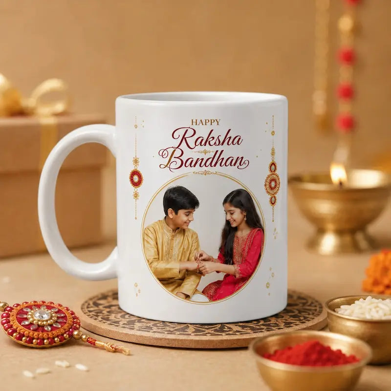 A white ceramic mug printed with 'Happy Raksha Bandhan' in red script, decorated with gold and red traditional motifs, and featuring a circular photo of a couple. The mug is styled on a wooden coaster with festive props, including a red and gold rakhi, bowls of rice and red powder, and a diya in the background.