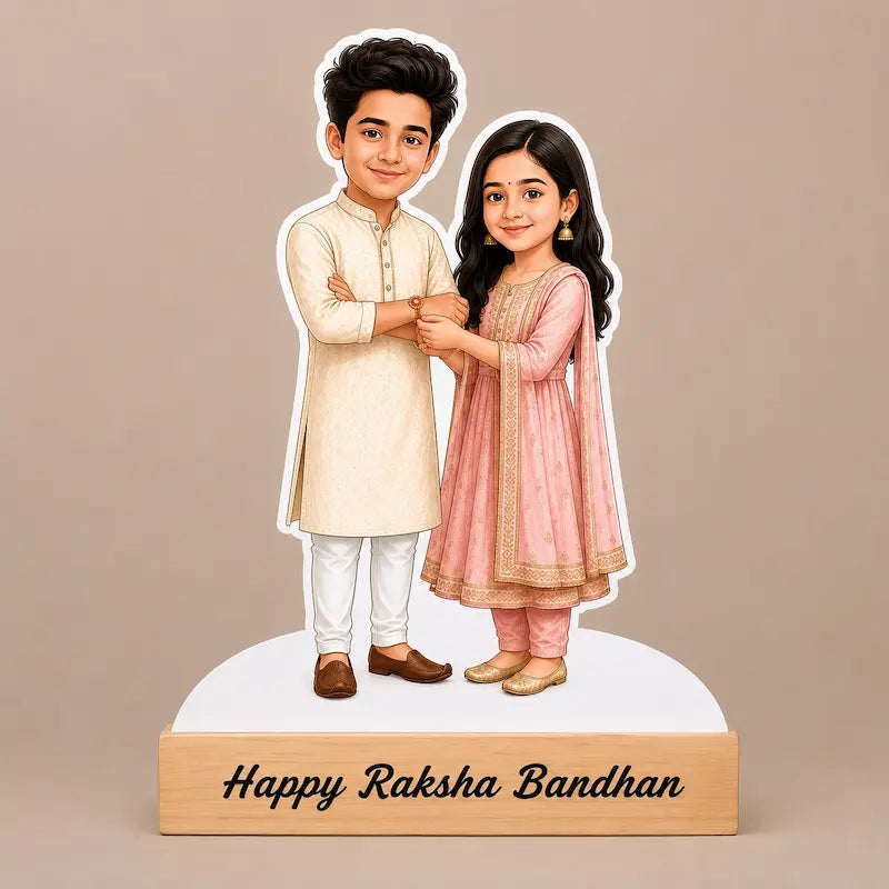 Personalized Raksha Bandhan caricature cutout standee featuring a cartoon couple in traditional Indian attire, mounted on a wooden base with the text 'Happy Raksha Bandhan'.