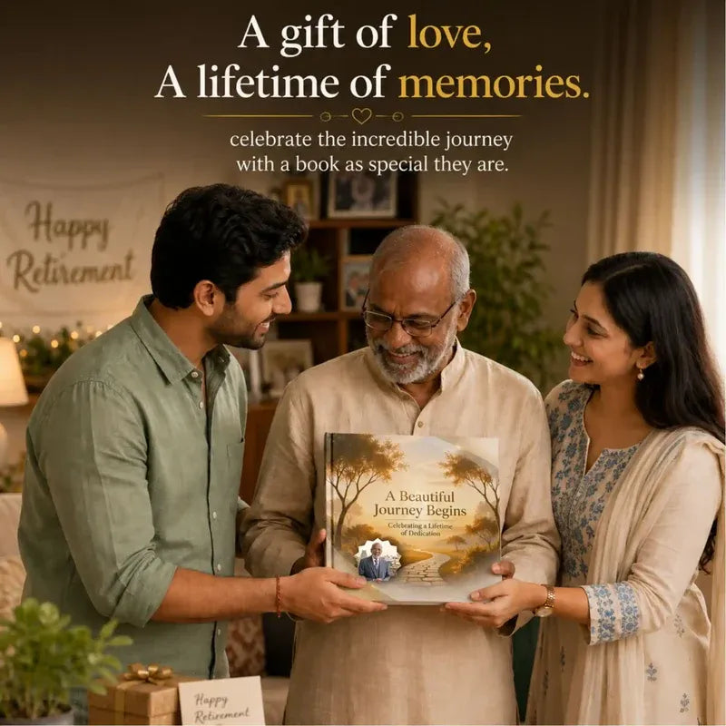 Two adults presenting a book to an older man with the text 'A gift of love, A lifetime of memories.'