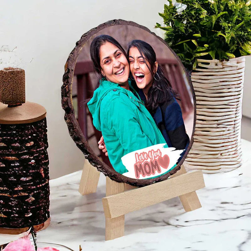 Custom personalized round photo frame for mom with full colour photo print and Love You Mom design – heartfelt Mother's Day gift on wooden easel stand