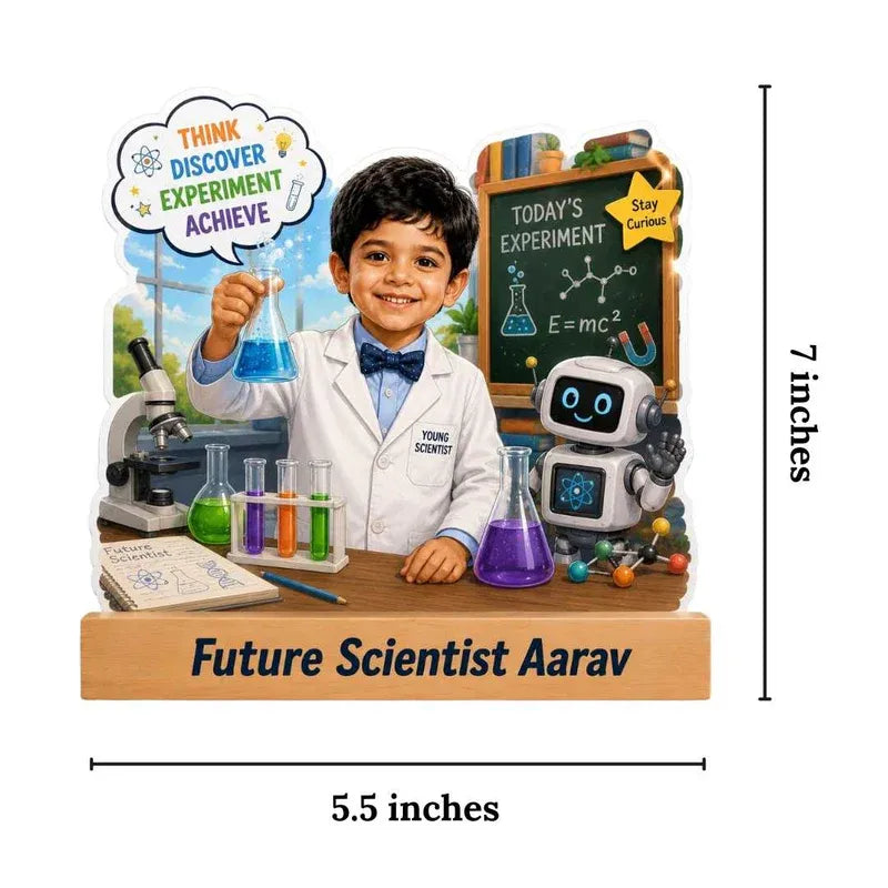 Figurine of a child in a scientist's outfit with lab equipment and a robot, labeled 'Future Scientist Aarav' with dimensions.