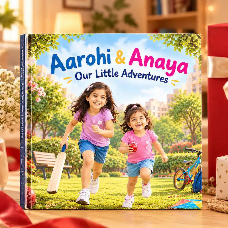 A personalized sisters story book titled "Aarohi & Anaya Our Little Adventures" standing on a tabletop. The cover shows two young girls running happily in a park with trees, grass, a bench, and a bicycle.