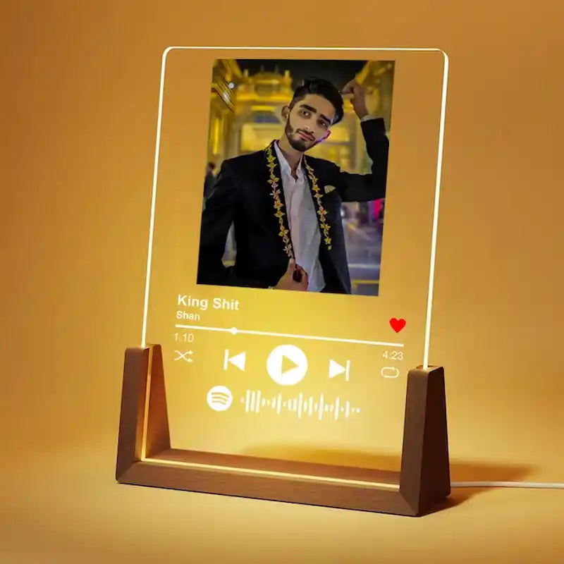 Personalized Spotify LED Lamp with custom photo, song name and scannable Spotify code on acrylic panel with wooden base