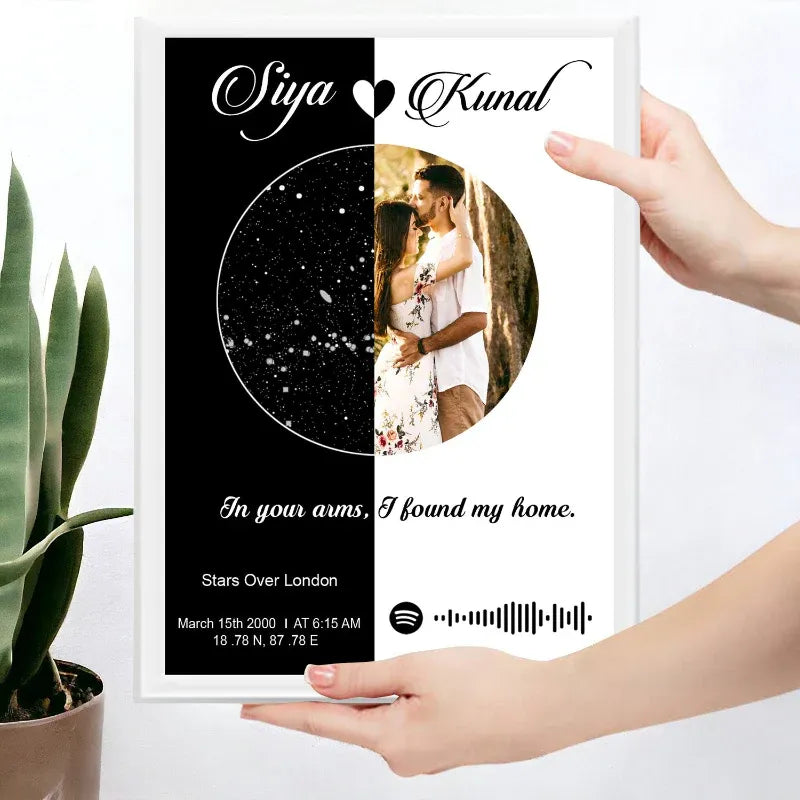 Personalized photo frame with couple's name, quote, and music track details held by a hand.