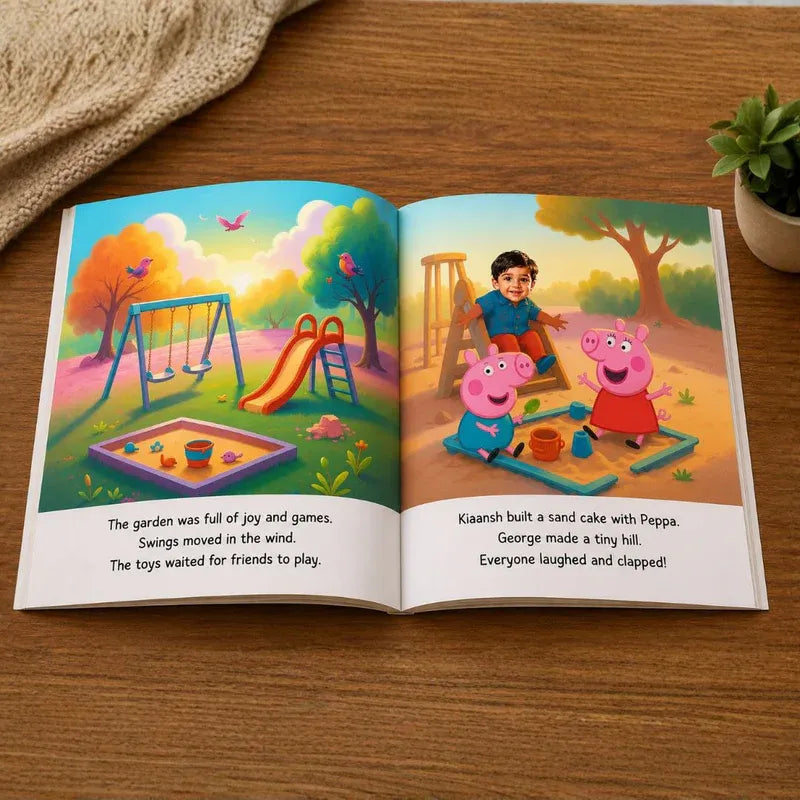 Open children's book with illustrations of children and a pig character on a wooden surface.