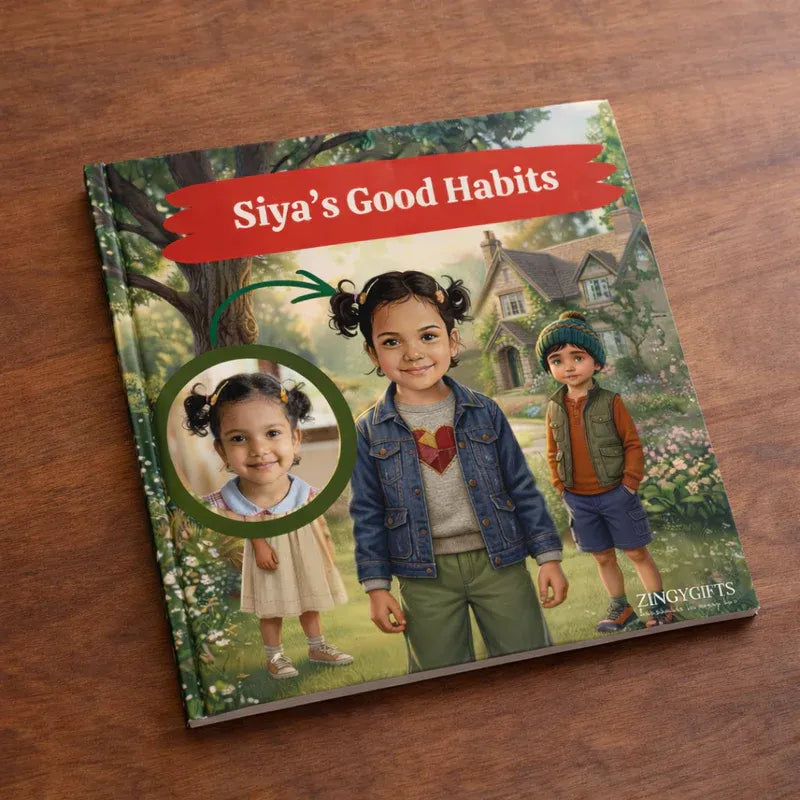 Book titled 'Siya's Good Habits' on a wooden surface